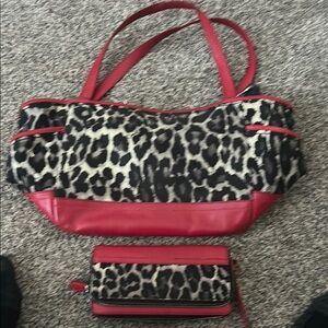 Coach Red and Black Shoulder Bag with Animal Print purse and wallet sold toge